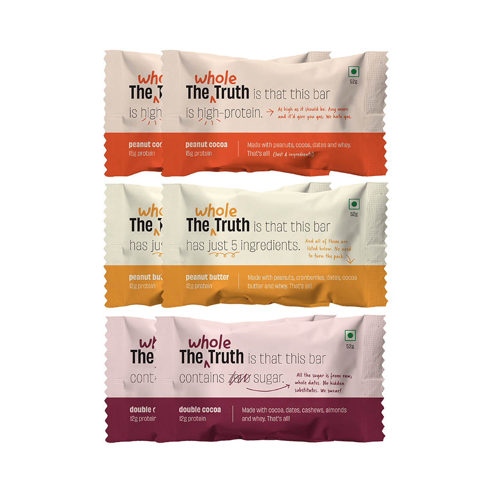 The Whole Truth Protein Bar (52gm Each) | 2 Double Cocoa, 2 Peanut Cocoa, 2 Peanut Butter