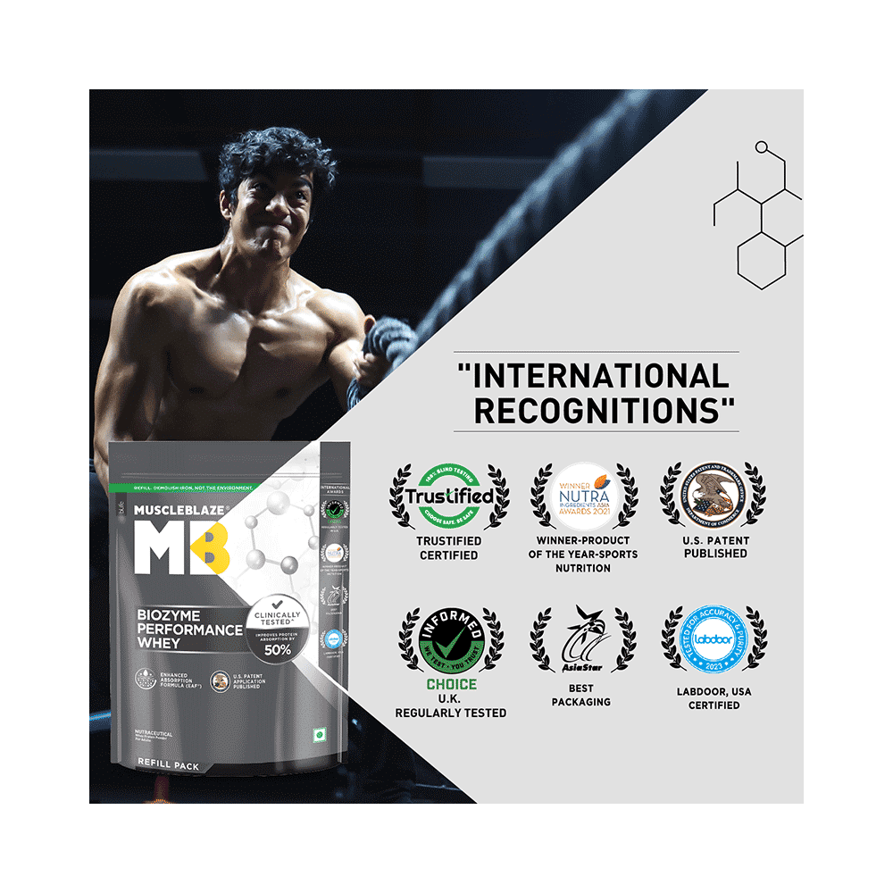 MuscleBlaze MuscleBlaze Biozyme Performance Whey Protein | For Muscle Gain | Improves Protein Absorption | Nutrition Care Powder Magical Mango Refill Pack - Image 4
