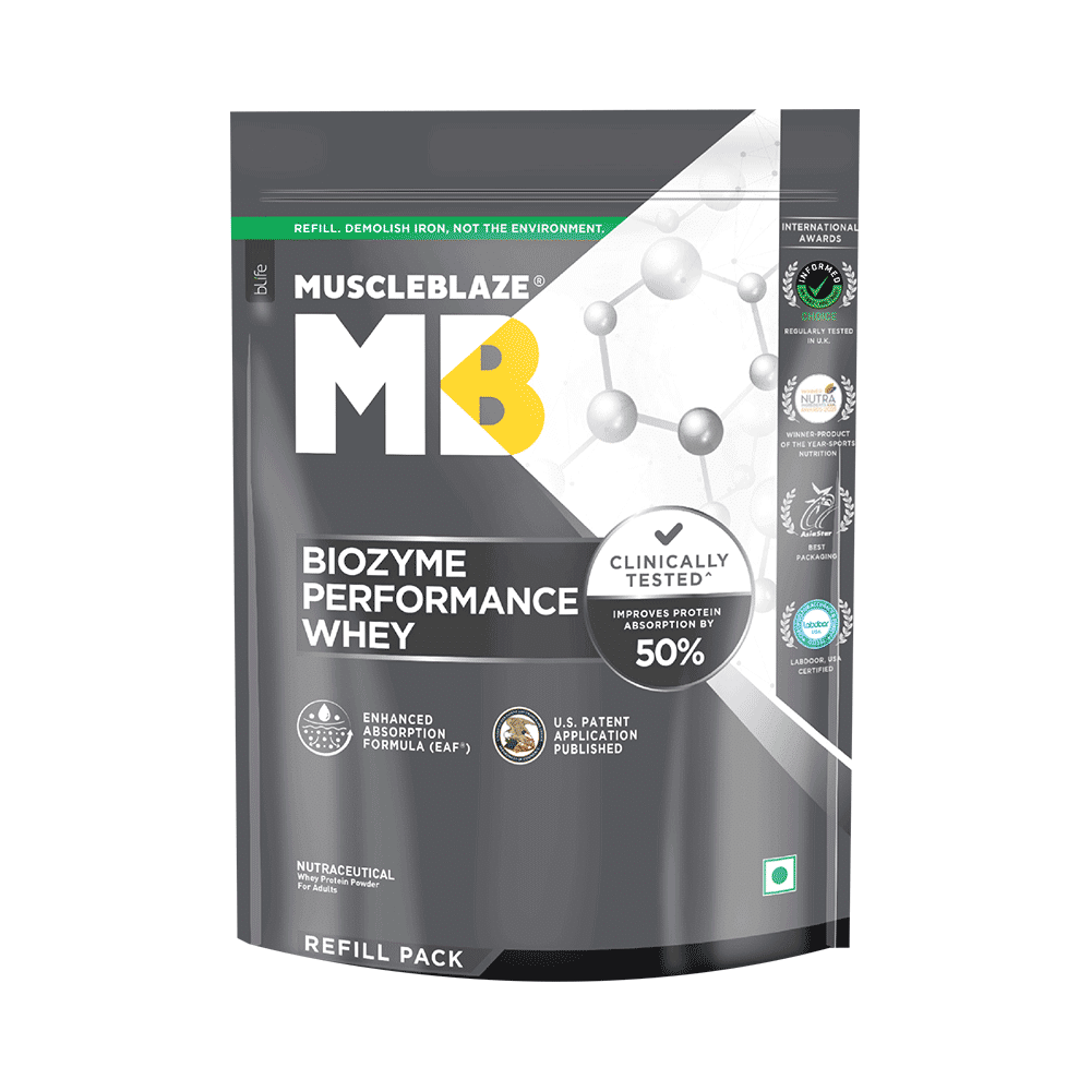 MuscleBlaze MuscleBlaze Biozyme Performance Whey Protein | For Muscle Gain | Improves Protein Absorption | Nutrition Care Powder Magical Mango Refill Pack
