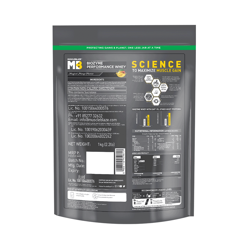 MuscleBlaze MuscleBlaze Biozyme Performance Whey Protein | For Muscle Gain | Improves Protein Absorption | Nutrition Care Powder Magical Mango Refill Pack - Image 2