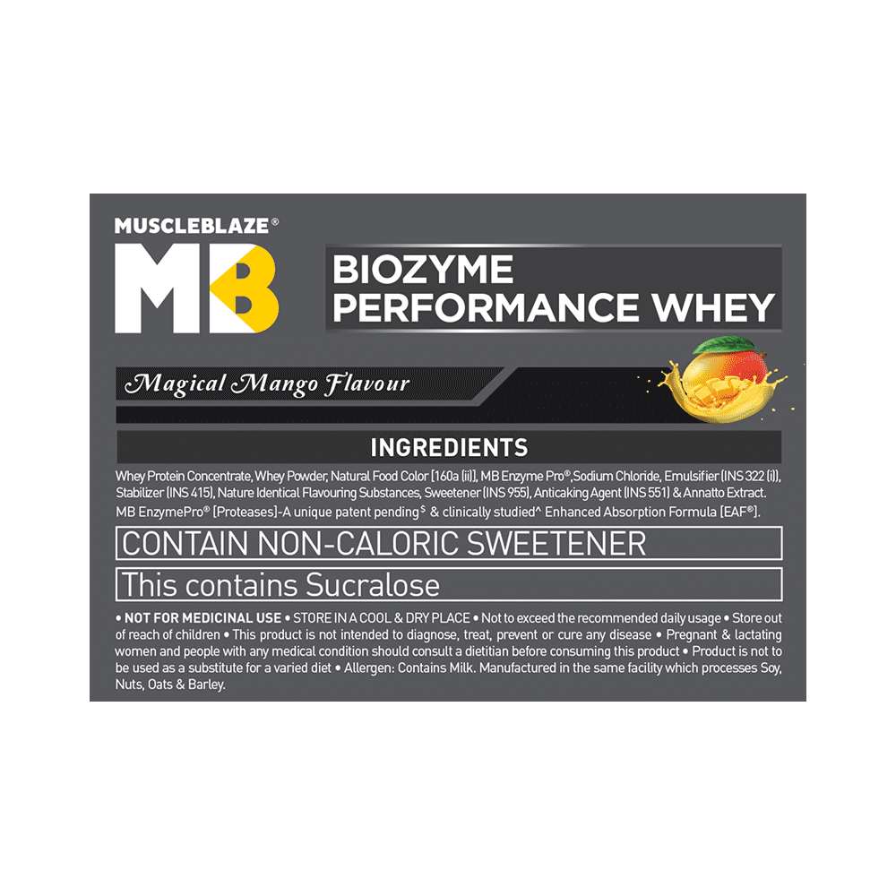 MuscleBlaze MuscleBlaze Biozyme Performance Whey Protein | For Muscle Gain | Improves Protein Absorption | Nutrition Care Powder Magical Mango Refill Pack - Image 7