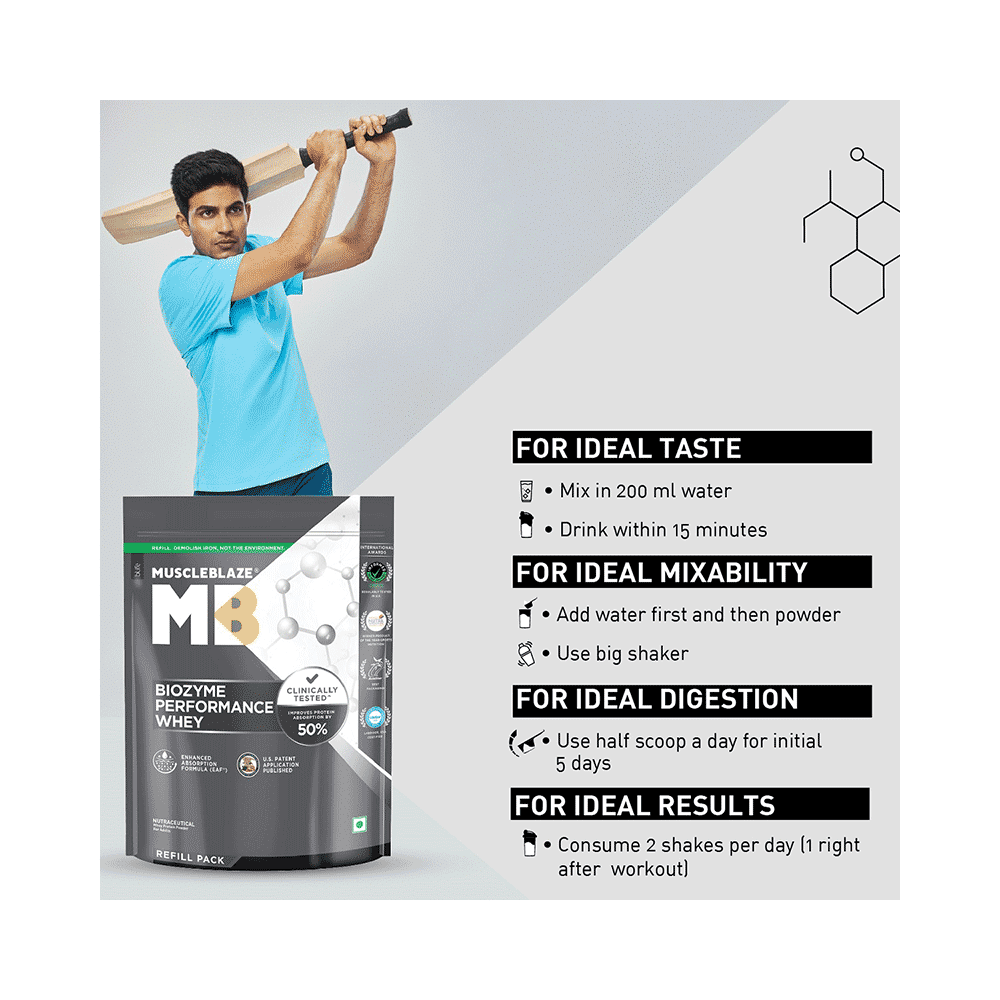 MuscleBlaze MuscleBlaze Biozyme Performance Whey Protein | For Muscle Gain | Improves Protein Absorption | Nutrition Care Powder Magical Mango Refill Pack - Image 6