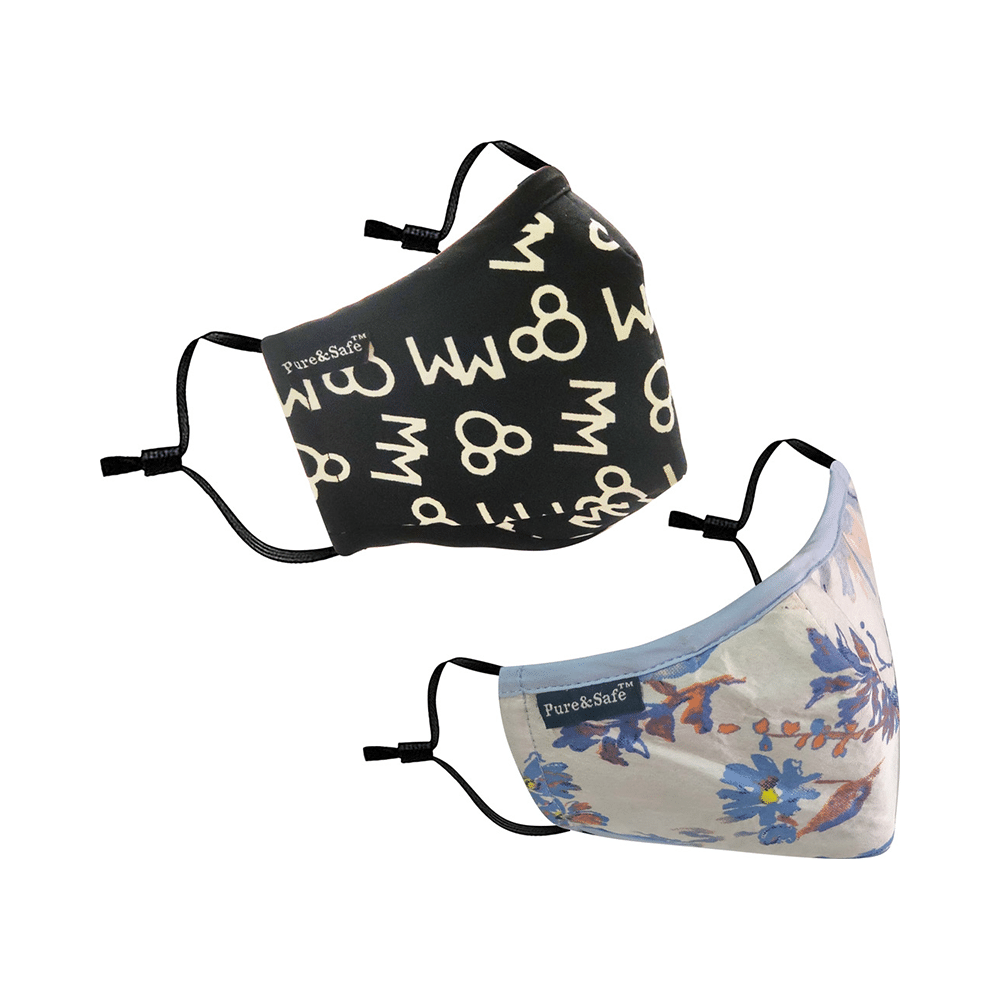Pure & Safe White Floral Designer & Black Digital Designer Designer N 95 Face Mask - 5 Layered Reusable Anti Pollution Mask with Activated Carbon Filter