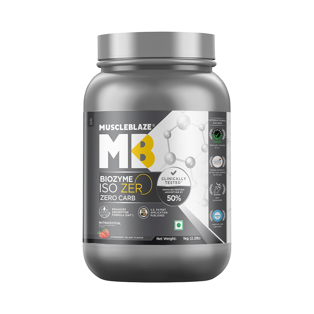 MuscleBlaze Strawberry Flavour | Iso-Zero Isolate for Muscle Gain | With Zero Carbs | Improves Protein Absorption by 50%