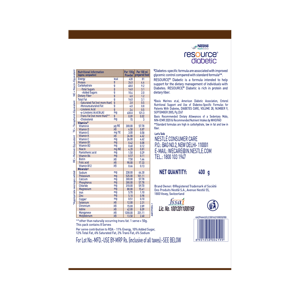 Nestle Resource Diabetic Supplement With Protein, Fibre & Low GI | Flavour Powder Chocolate - Image 2