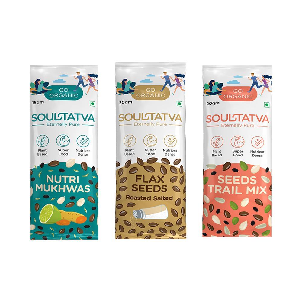 Soultatva Combo Pack of Nutri Mukhwas 15gm, Flax Seeds Roasted Salted 20gm & Seeds Trail Mix 20gm (4 Each) - Image 1