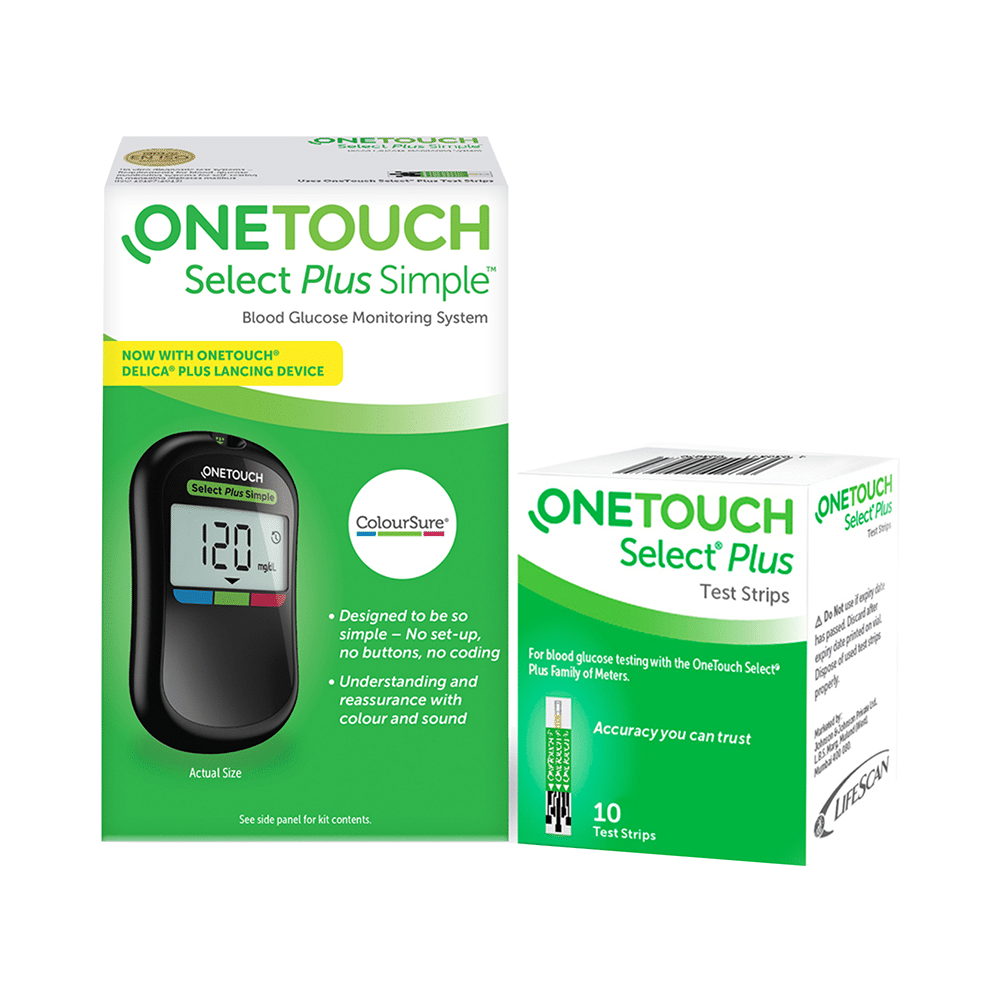 OneTouch Combo Pack of Select Plus Simple Glucometer with 10 Free Strips Black, Select Plus Test Strip (Only Strips) Test Strip Green & Delica Plus Lancets (Only Lancets) 30G - Image 2