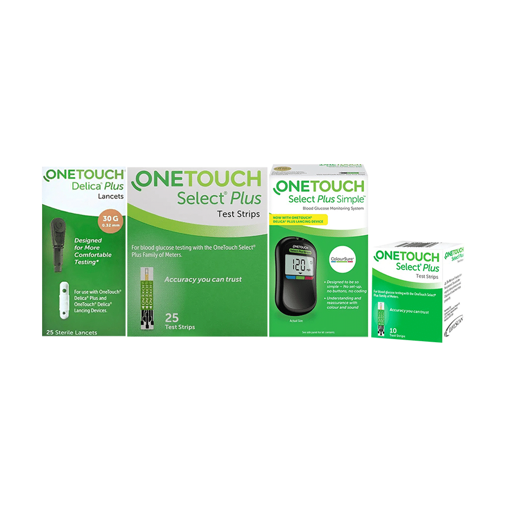 OneTouch Combo Pack of Select Plus Simple Glucometer with 10 Free Strips Black, Select Plus Test Strip (Only Strips) Test Strip Green & Delica Plus Lancets (Only Lancets) 30G - Image 1