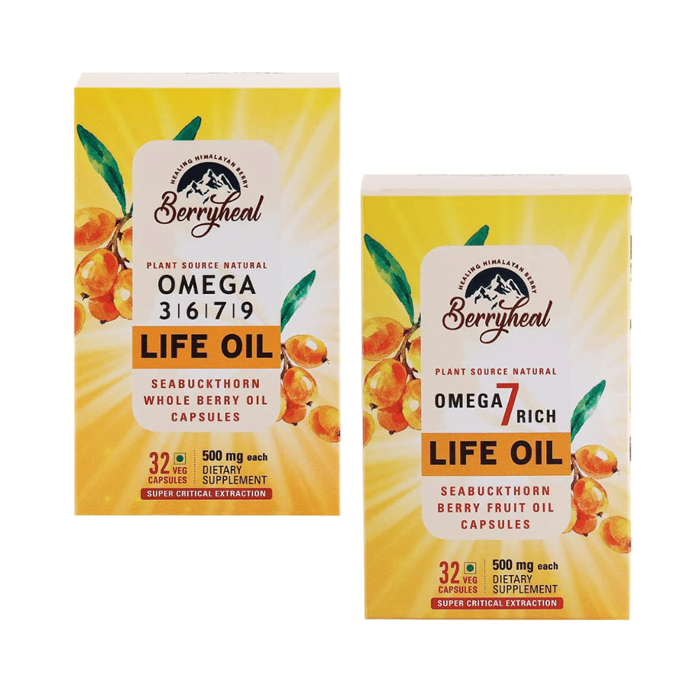 Berryheal Combo Pack of Omega 3,6,7,9 Life Oil Sea Buckthorn Whole Berry Oil Capsule & Omega 7 Rich Life Oil Sea Buckthorn Berry Fruit Oil Capsule (32 Each) - Image 1