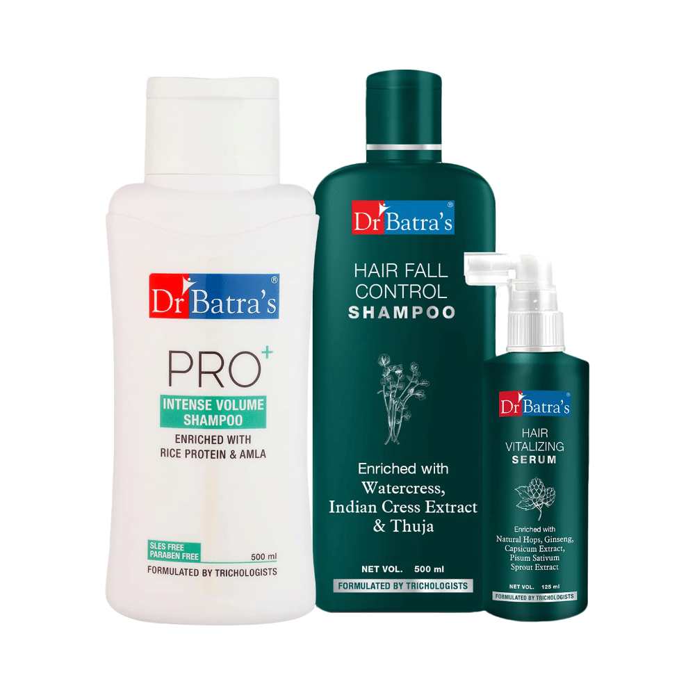 Dr Batra's Combo Pack of Hair Vitalizing Serum 125ml, Pro+ Intense Volume Shampoo 500ml and Hair Fall Control Shampoo 500ml