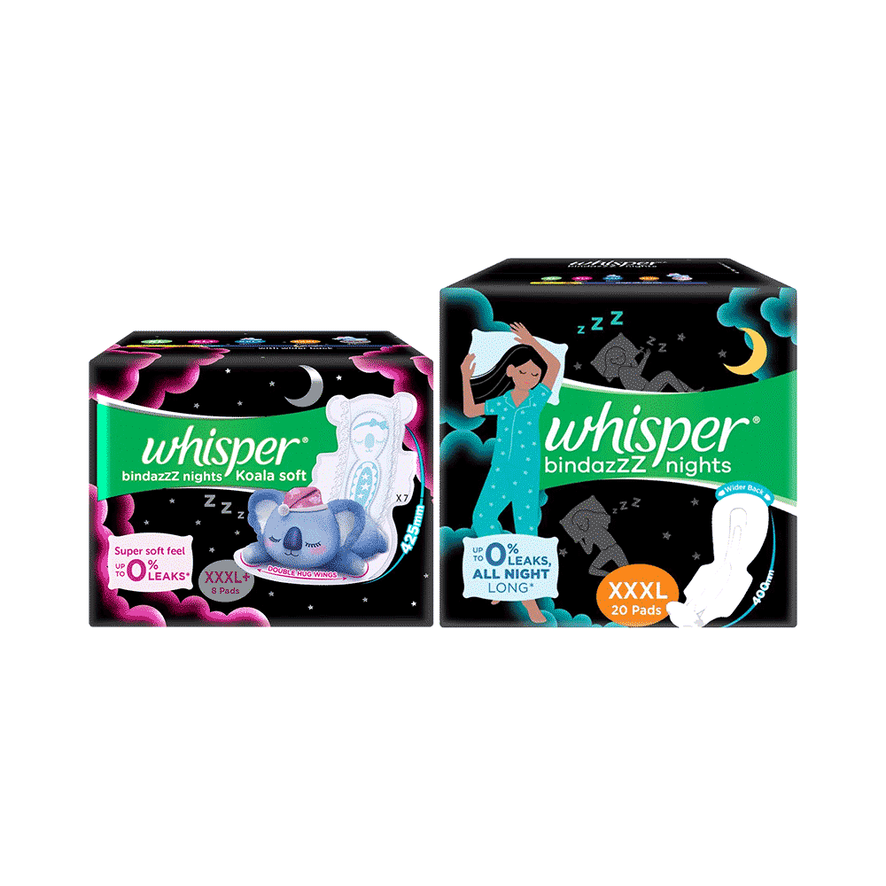 Combo Pack of Whisper Bindazzz Nights Pads XXXL (20 Each) & Whisper Bindazzz Nights Koala Soft Pads XXXL+ (8 Each)