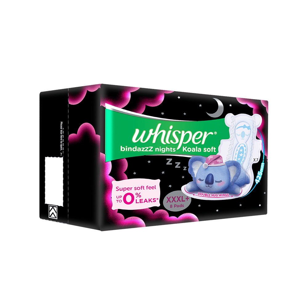 Combo Pack of Whisper Bindazzz Nights Pads XXXL (20 Each) & Whisper Bindazzz Nights Koala Soft Pads XXXL+ (8 Each) - Image 3