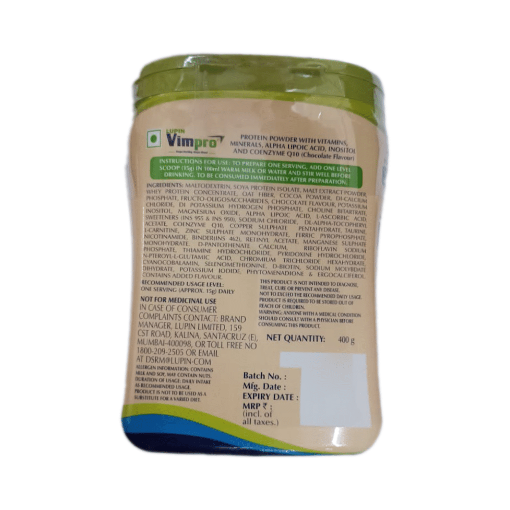 Vimpro Protein with ALA, Inositol & Coenzyme Q10 | Gluten Free | Flavour Chocolate Powder - Image 2