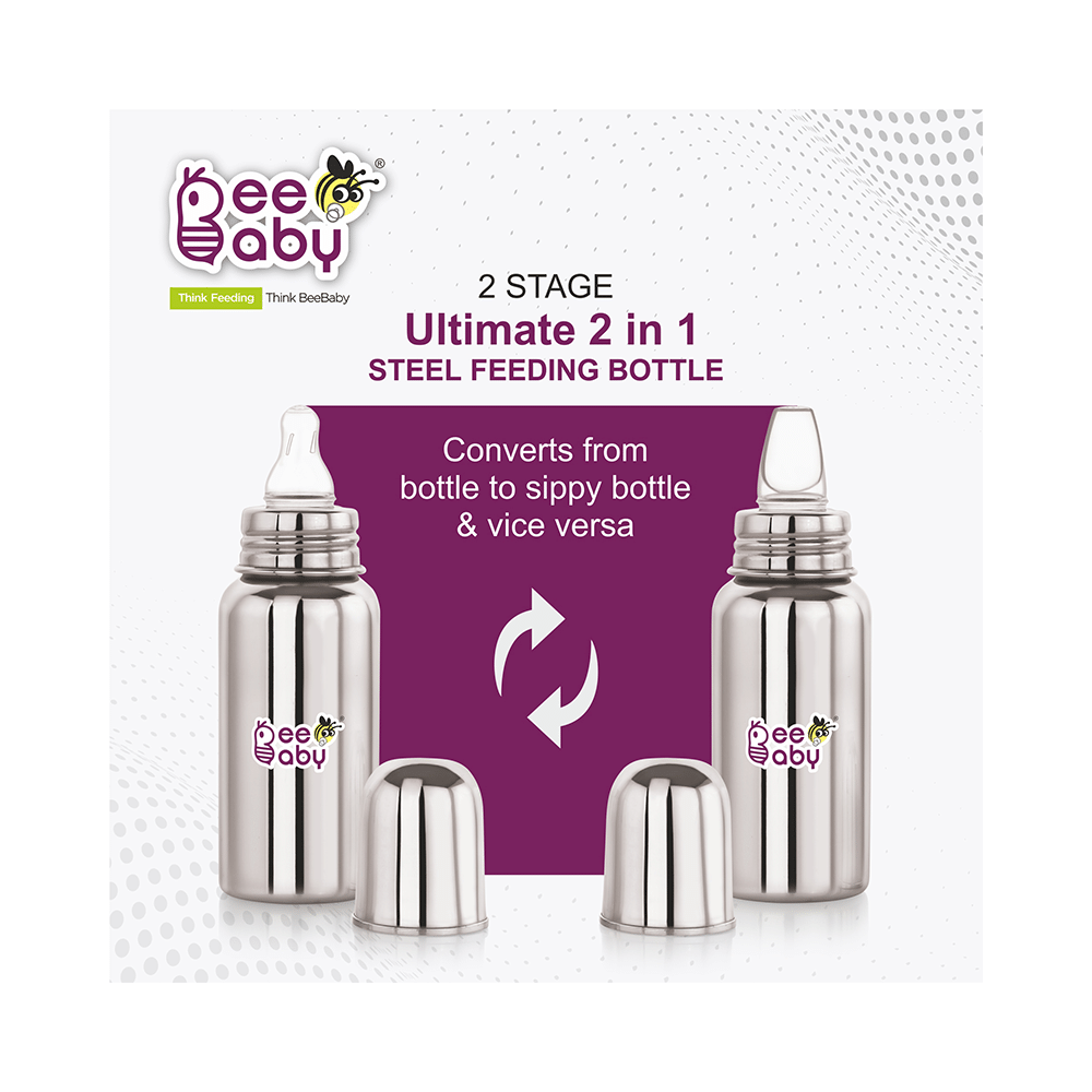 BeeBaby  2 in 1 Ultimate Stainless Steel Infant Baby Feeding Bottle with Anti Colic Nipple & Silicone Sippy Spout 4 Months + - Image 3
