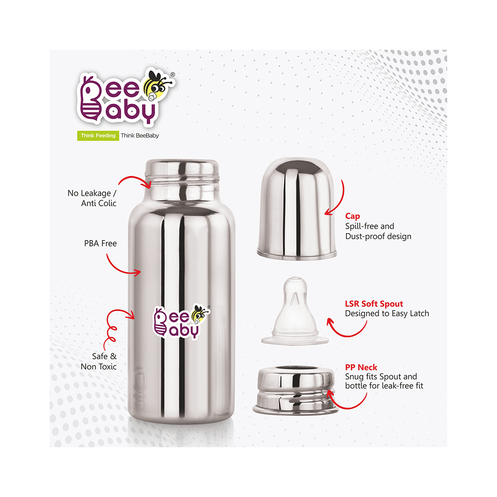 BeeBaby  2 in 1 Ultimate Stainless Steel Infant Baby Feeding Bottle with Anti Colic Nipple & Silicone Sippy Spout 4 Months + - Image 4