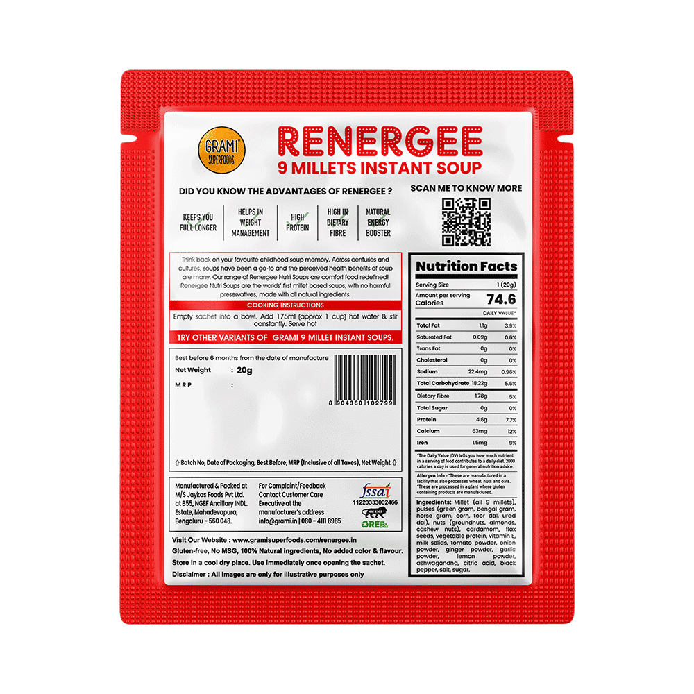 Grami Superfoods Renergee 9 Millets Instant Gluten Free Soup Sachet (20gm Each) Tomato - Image 5