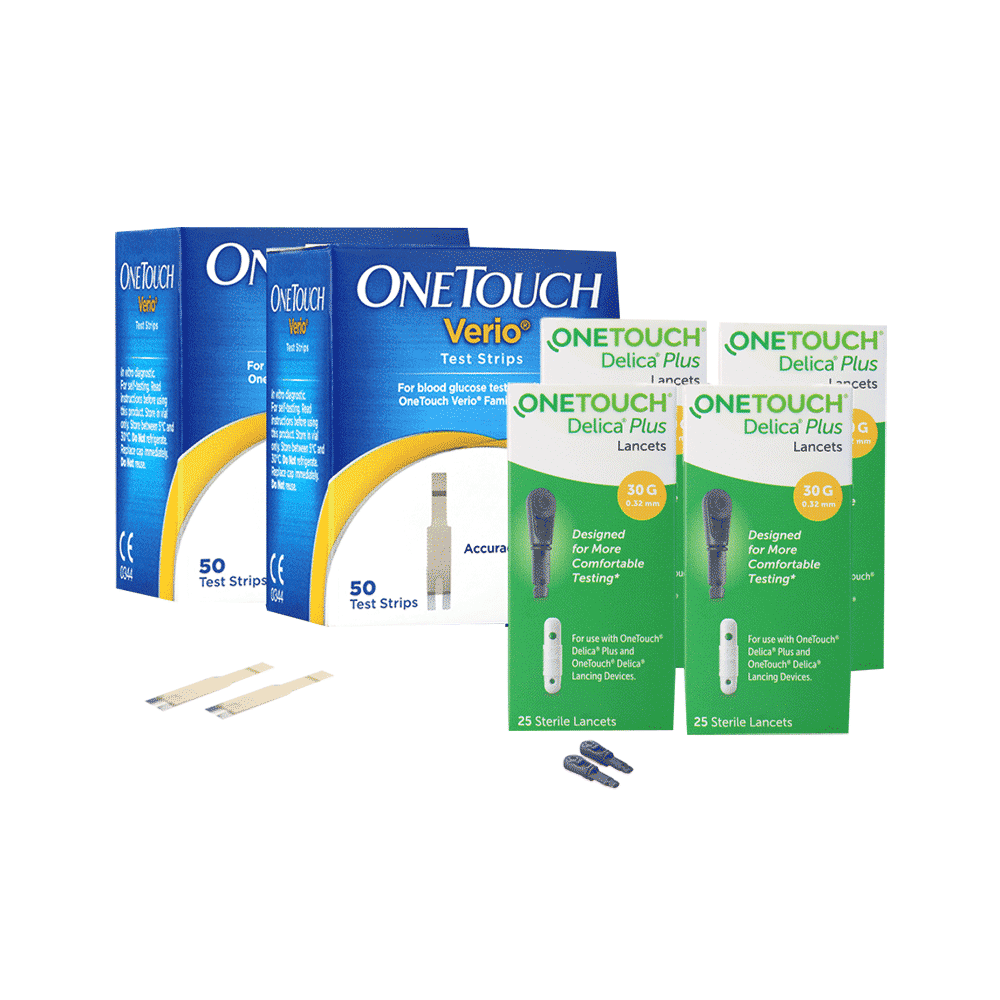 Combo Pack of 2 Box of OneTouch Verio Test Strip (50 Each) & 4 Box of OneTouch Delica Plus Lancet (25 Each)