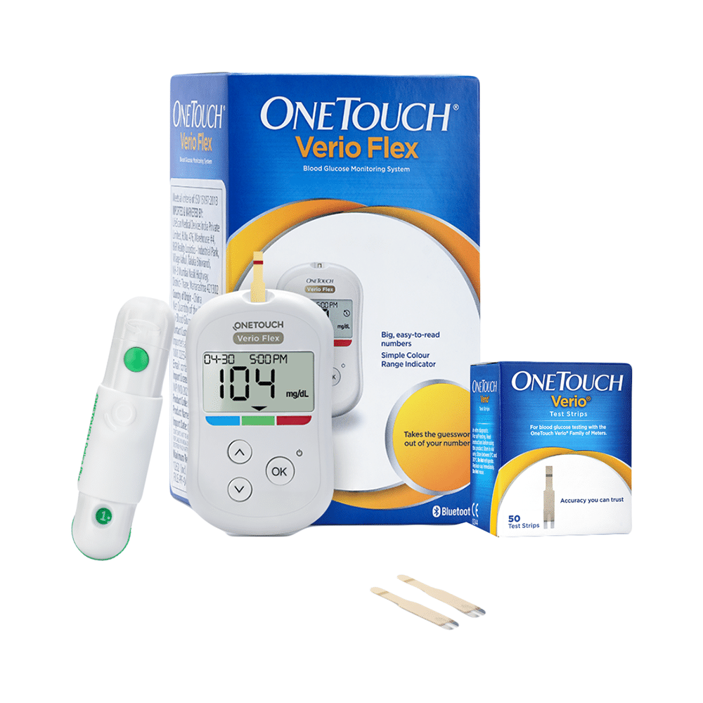 OneTouch Verio Combo of Flex Glucometer with 10 Test Strips Free and 50 Test Strips - Image 1