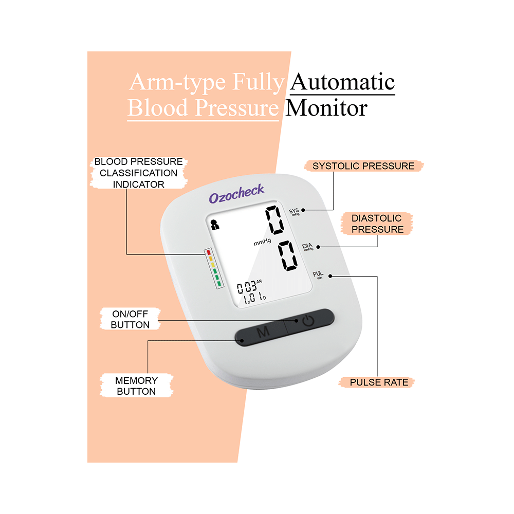 Ozocheck Fully Automatic Digital Blood Pressure & Pulse Rate Monitor with Wrap Cuff & Large Screen Display (White) - Image 3