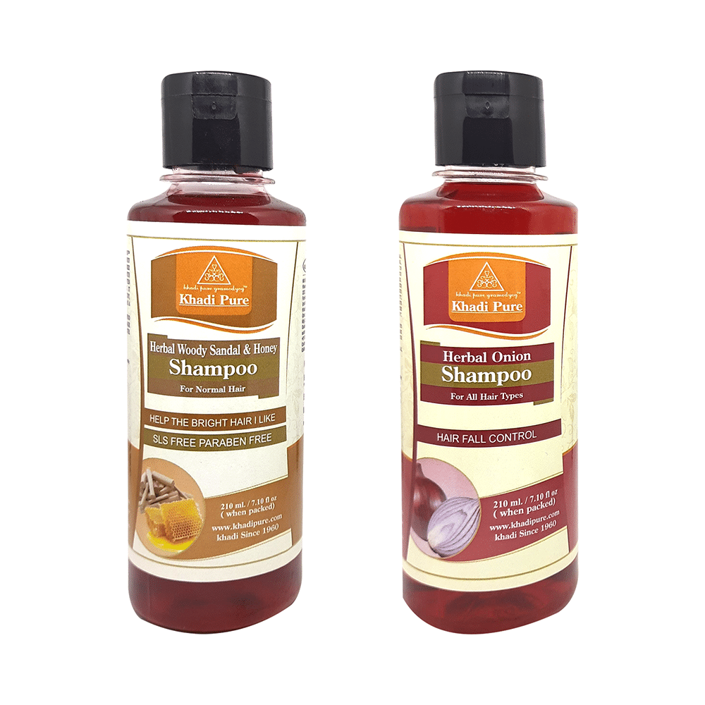 Khadi Pure Combo Pack of Herbal Onion Shampoo & Herbal Woody Sandal & Honey Shampoo SLS Free & Paraben Free (210ml Each) - Image 1