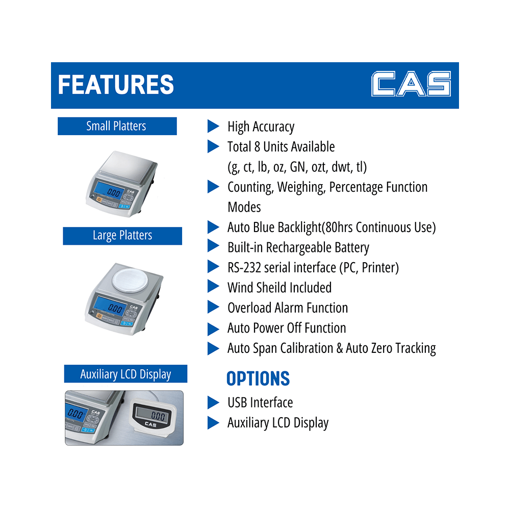 CAS MWP300 High Precision Digital Weighing Scale with Auto Blue Backlight (300g x 10mg) - Image 3