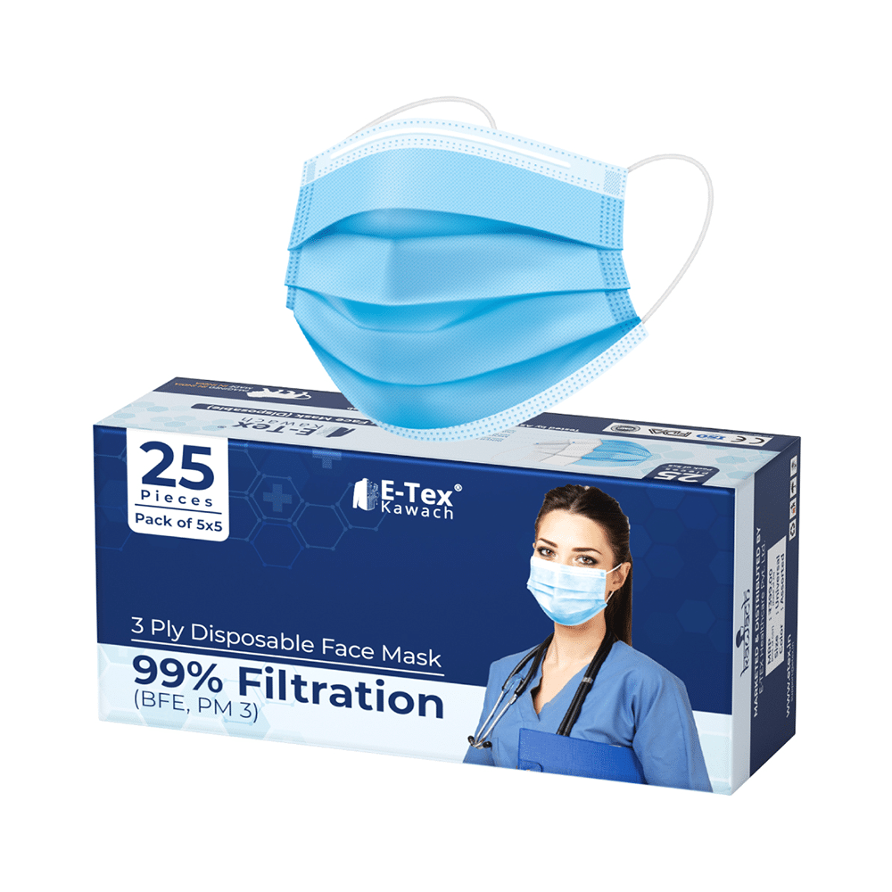 E-Tex Kawach 99% Filtration 3 Ply Disposable Face Mask Free Size Blue - Image 1