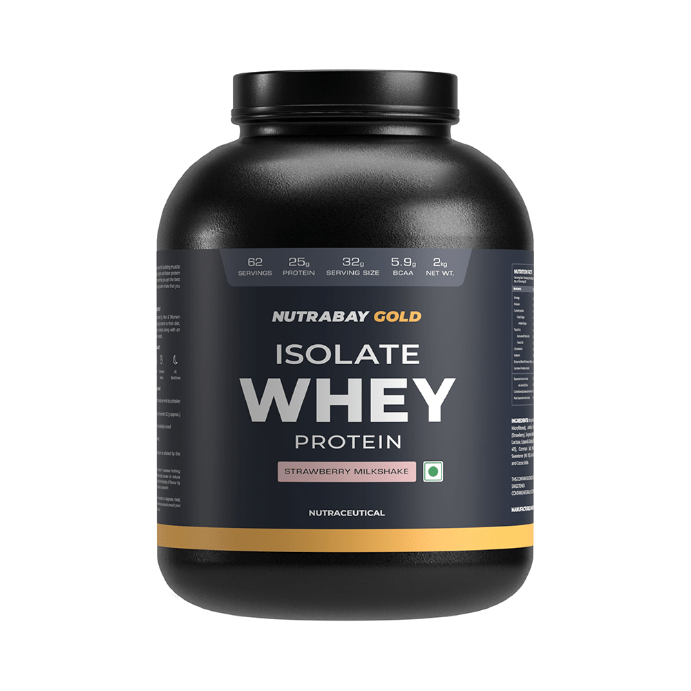 Nutrabay Gold Isolate Whey Protein for Muscles, Recovery, Digestion & Immunity | No Added Sugar | Flavour Strawberry Milkshake