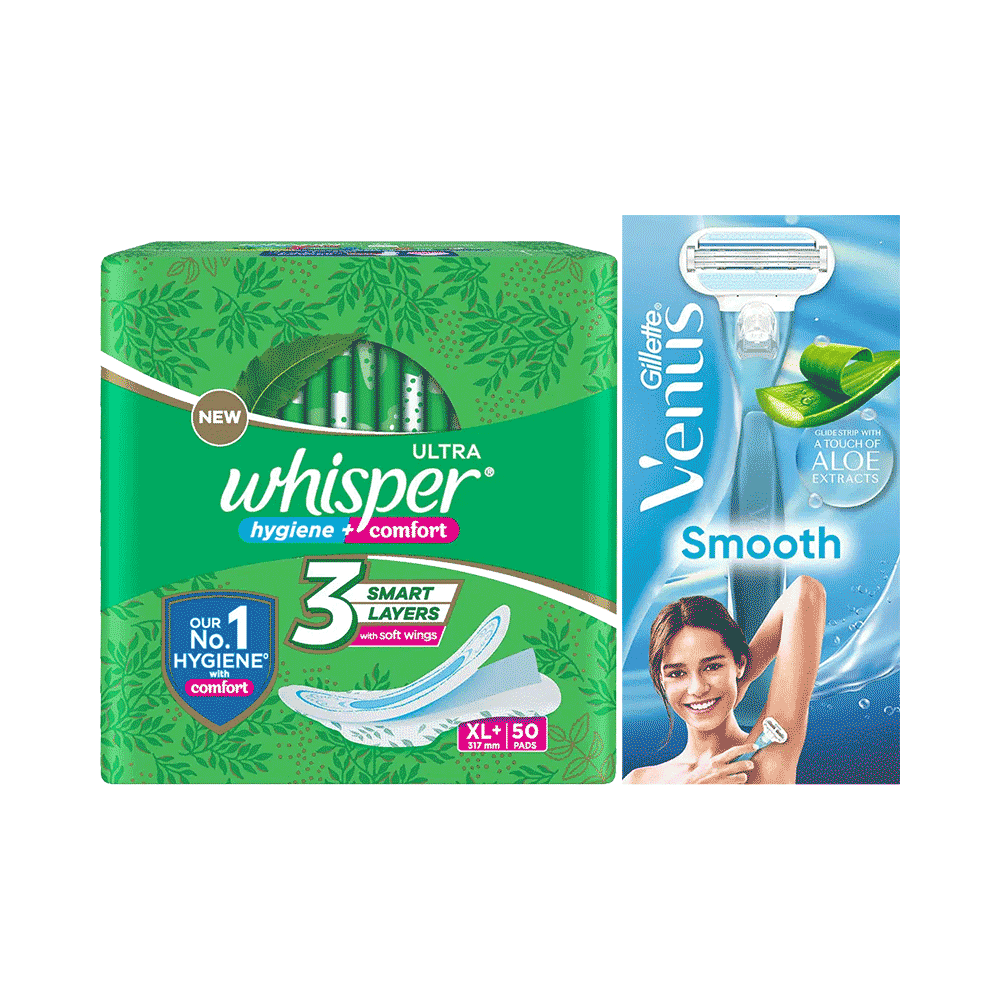 Combo Pack of Whisper Ultra Clean with Herbal Oil Sanitary Pads XL+ (50 Each) & Gillette Venus Smooth Razor - Image 1