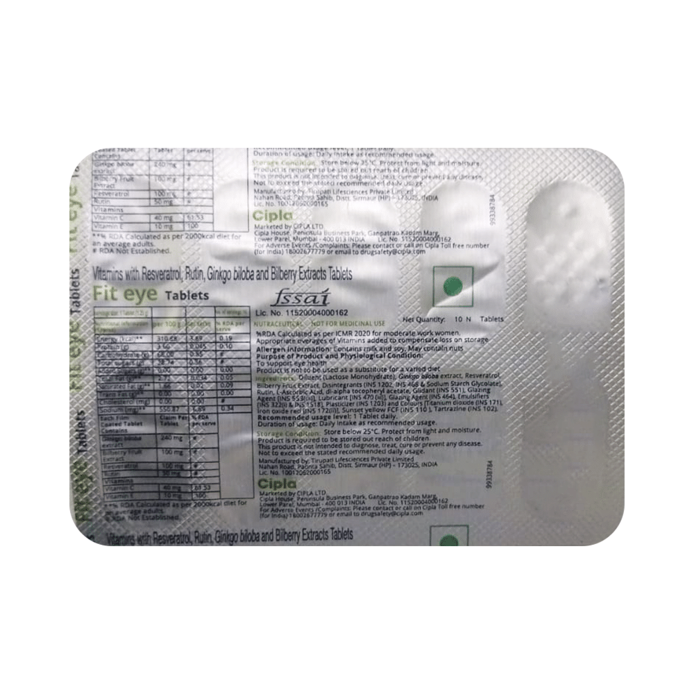 Fit Eye Tablet with Vitamins, Resveratrol, Rutin, Ginkgo Biloba & Bilberry Extracts - Image 3