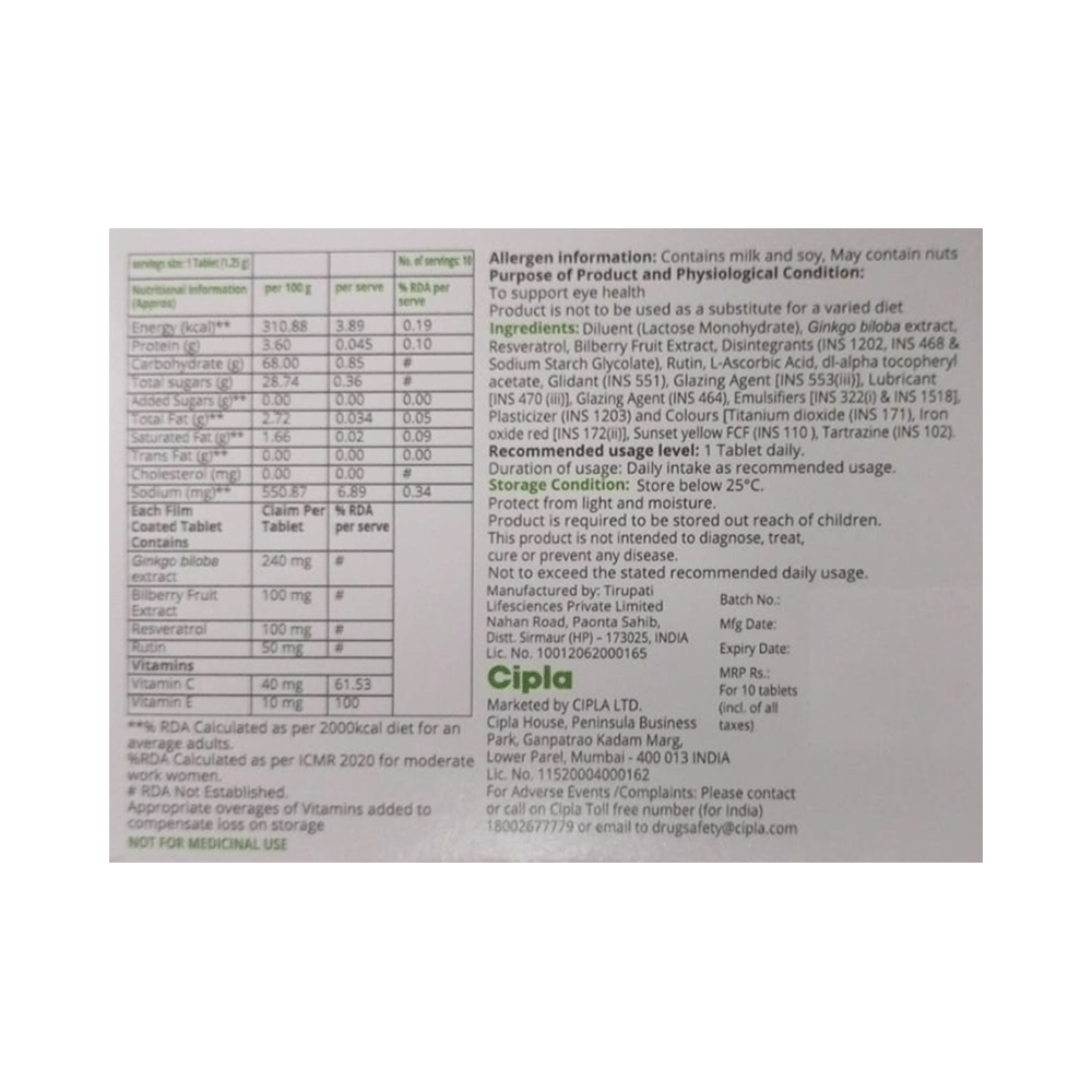 Fit Eye Tablet with Vitamins, Resveratrol, Rutin, Ginkgo Biloba & Bilberry Extracts - Image 2