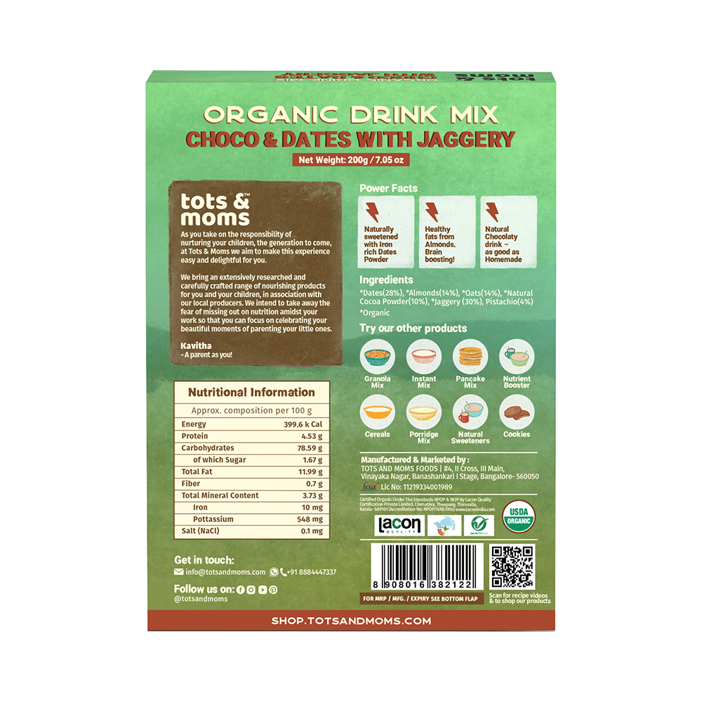 Tots and Moms Organic Drink Mix 1 Year+ Choco & Dates with Jaggery - Image 2