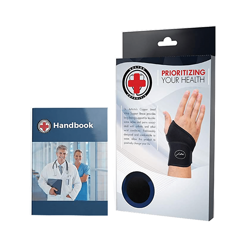 Dr. Arthritis Premium Copper Lined Wrist Support/ Strap/ Brace & Doctor Written Handbook Single Black - Image 1