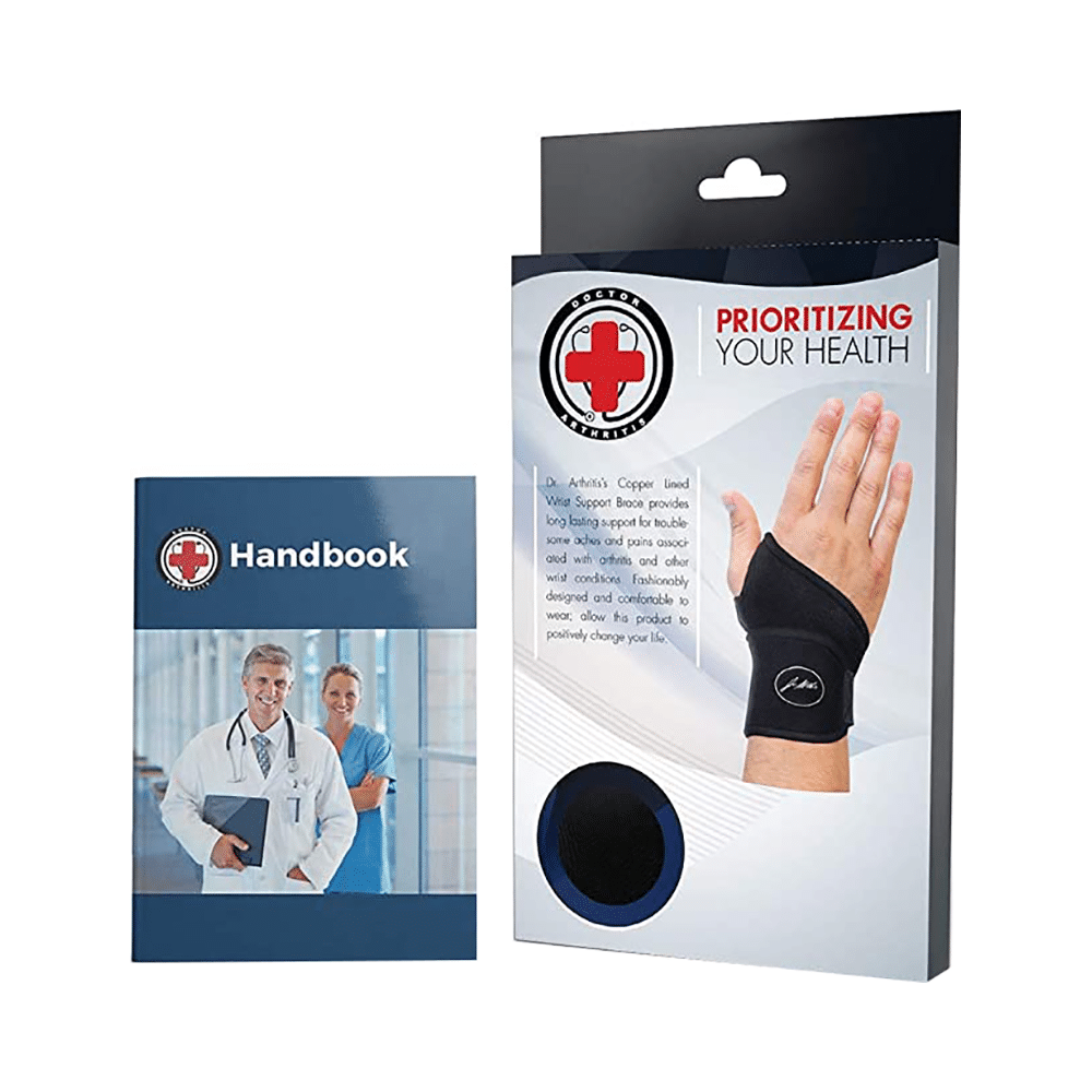 Dr. Arthritis Premium Copper Lined Wrist Support/ Strap/ Brace & Doctor Written Handbook Single Black - Image 2
