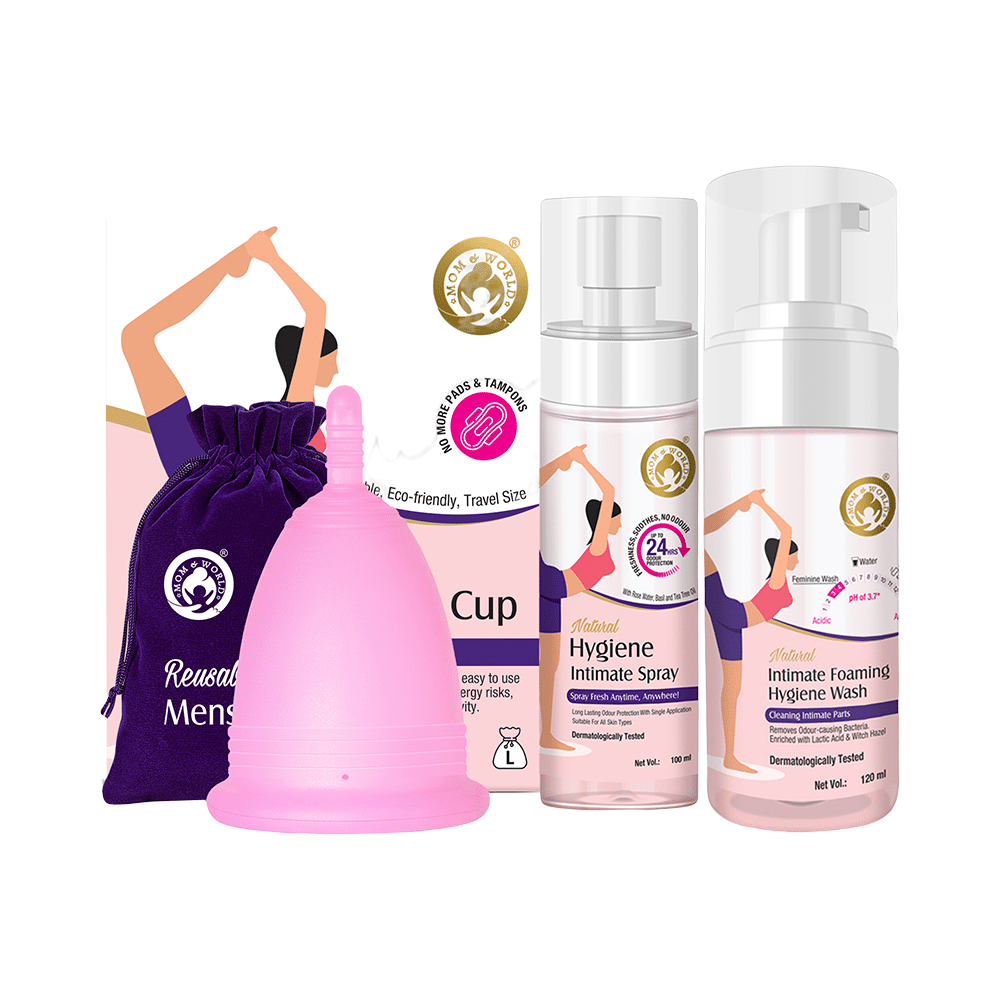 Mom & World Combo Pack of Reusable Menstrual Cup Large, Natural Hygiene Intimate Spray 100ml and Intimate Foaming Hygiene Wash 120ml - Image 1