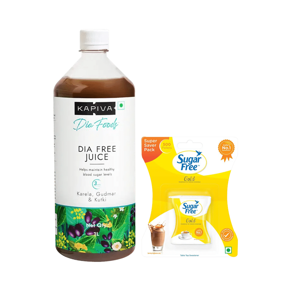 Combo Pack of Sugar Free Gold Low Calorie Aspartame Sweetener Pellet (500) & Kapiva Diafree Juice for Diabetes Care (1L) - Image 1