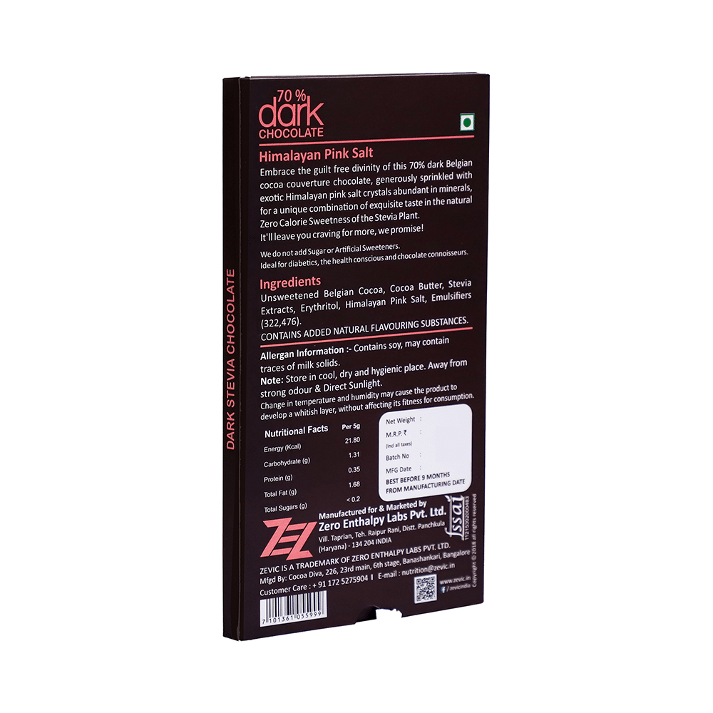 Zevic 70% Dark Chocolate | Diabetic Friendly | Flavour Himalayan Pink Salt - Image 2