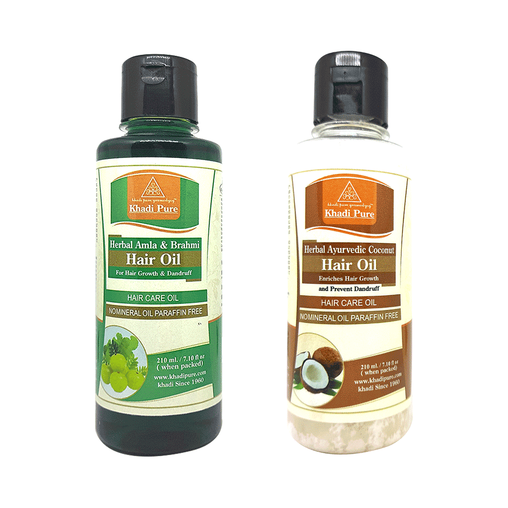 Khadi Pure Combo Pack of Herbal Ayurvedic Coconut Hair Oil & Herbal Amla & Brahmi Hair Oil (210ml Each) - Image 1