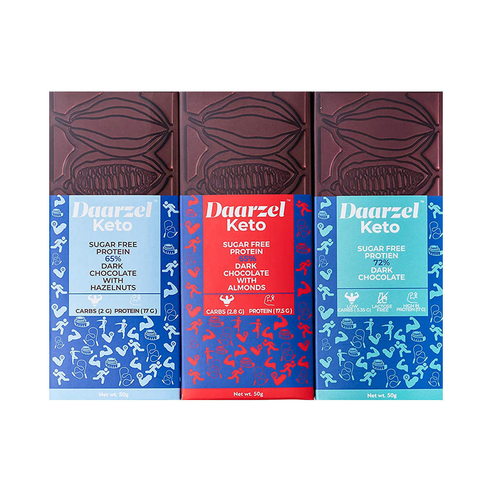 Daarzel Keto Combo Pack of 65% Dark Chocolate with Hazelnuts, 65% Dark Chocolate with Almonds and 72% Dark Chocolate (50gm Each)