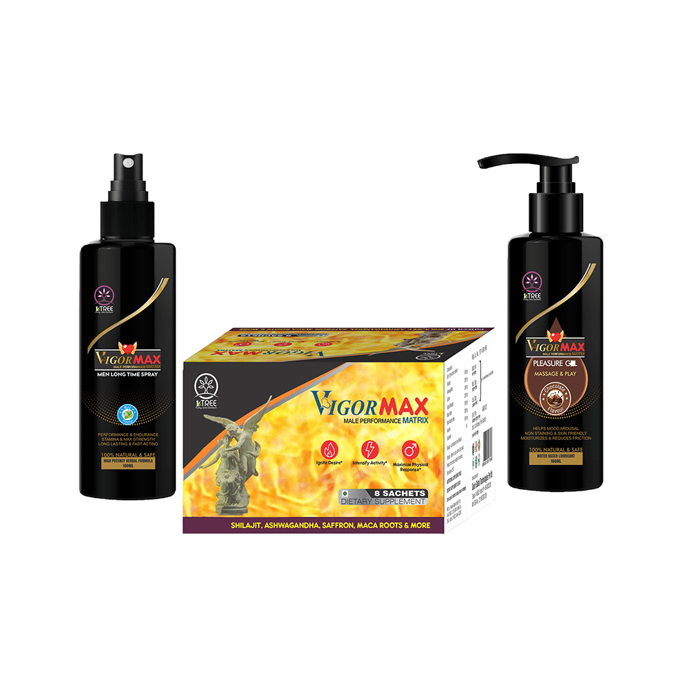 1 Tree Combo Pack of Vigor Max Sachet (8), Vigor Max Spray (100ml) & Vigor Max Pleasure Gel (100ml) - Image 1