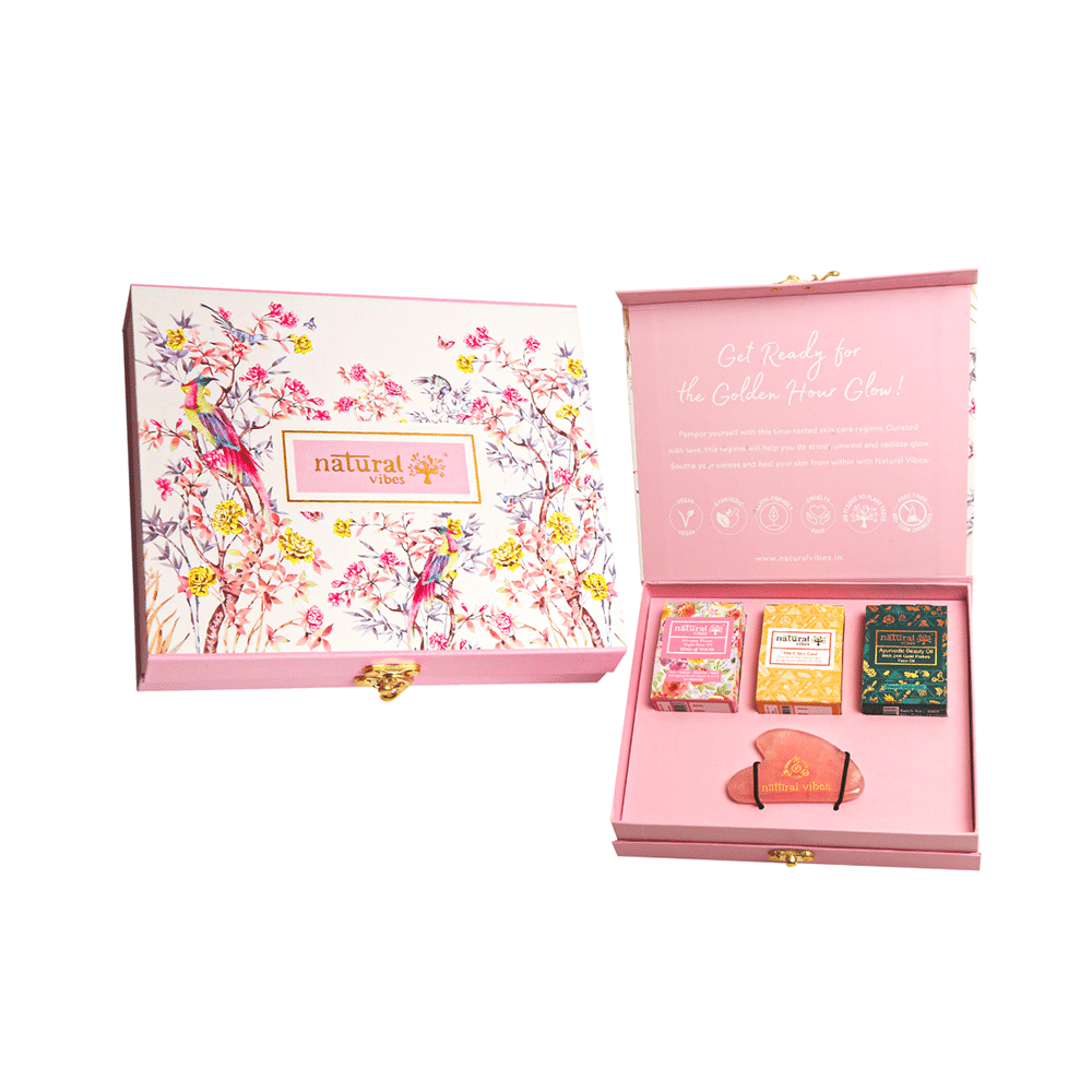 Natural Vibes Glow Getter Gift Set with Rose Quartz Gua Sha, Vitamin C Serum, Nirvana Flower Oil and Gold Beauty Elixir Oil