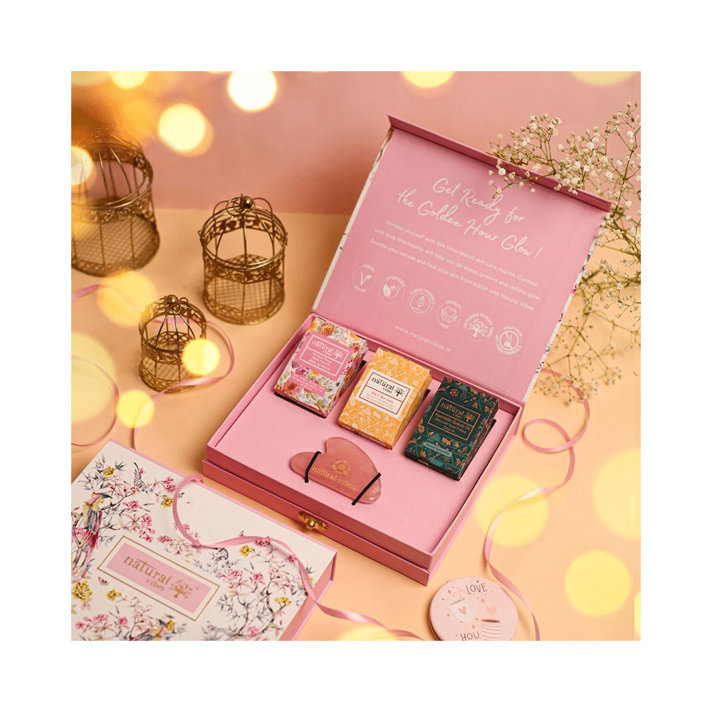 Natural Vibes Glow Getter Gift Set with Rose Quartz Gua Sha, Vitamin C Serum, Nirvana Flower Oil and Gold Beauty Elixir Oil - Image 2