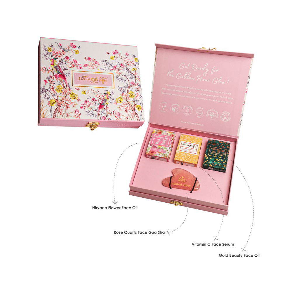 Natural Vibes Glow Getter Gift Set with Rose Quartz Gua Sha, Vitamin C Serum, Nirvana Flower Oil and Gold Beauty Elixir Oil - Image 3
