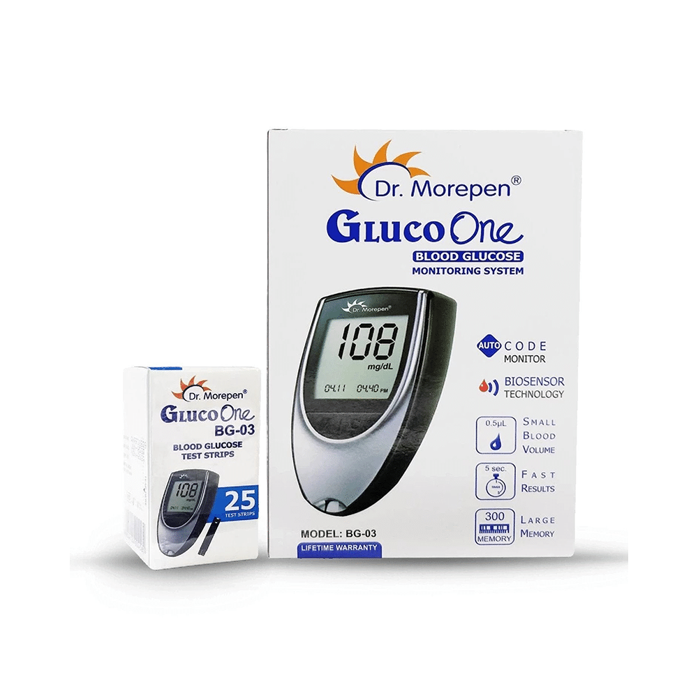 Dr Morepen BG 03 Gluco One Glucose Monitoring System Glucometer with Gluco One BG 03 Blood Glucose 25 Test Strip | Diabetes Monitoring Devices | Blood Glucose Monitors - Image 1