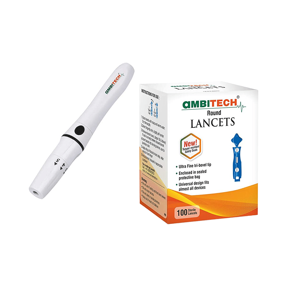 Ambitech Combo Pack of Adjustable Lancing Device with Ambitech 100 Round Lancets