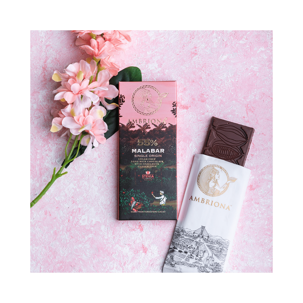 Ambriona Combo Pack of 80% Sri Lanka Single Origin Sugar Free Dark Chocolate & 55% Malabar Single Origin Sugar Free Dark Milk Chocolate with Hazelnuts (50gm Each) - Image 4
