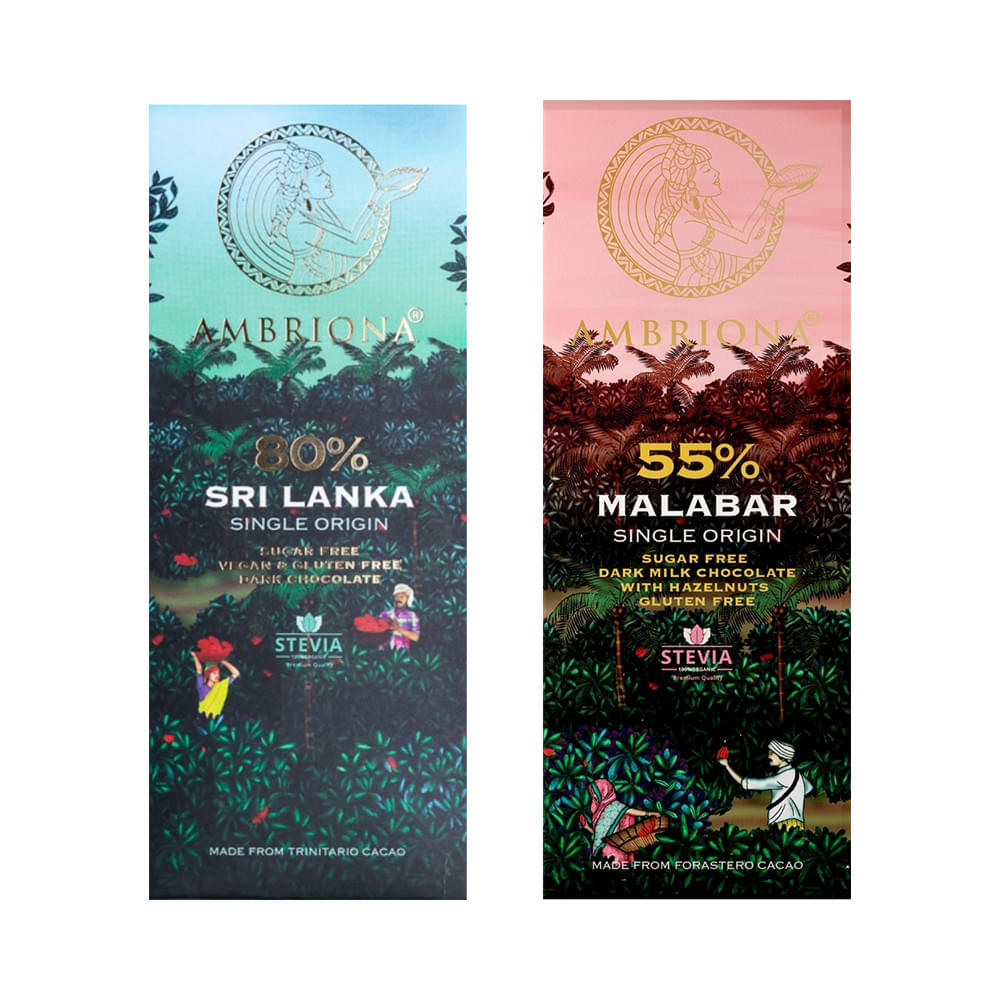 Ambriona Combo Pack of 80% Sri Lanka Single Origin Sugar Free Dark Chocolate & 55% Malabar Single Origin Sugar Free Dark Milk Chocolate with Hazelnuts (50gm Each) - Image 1
