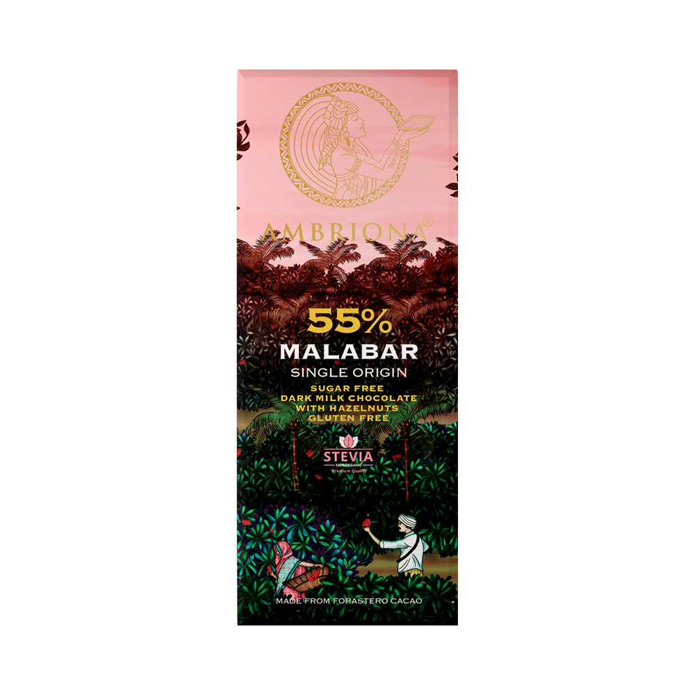 Ambriona Combo Pack of 80% Sri Lanka Single Origin Sugar Free Dark Chocolate & 55% Malabar Single Origin Sugar Free Dark Milk Chocolate with Hazelnuts (50gm Each) - Image 2