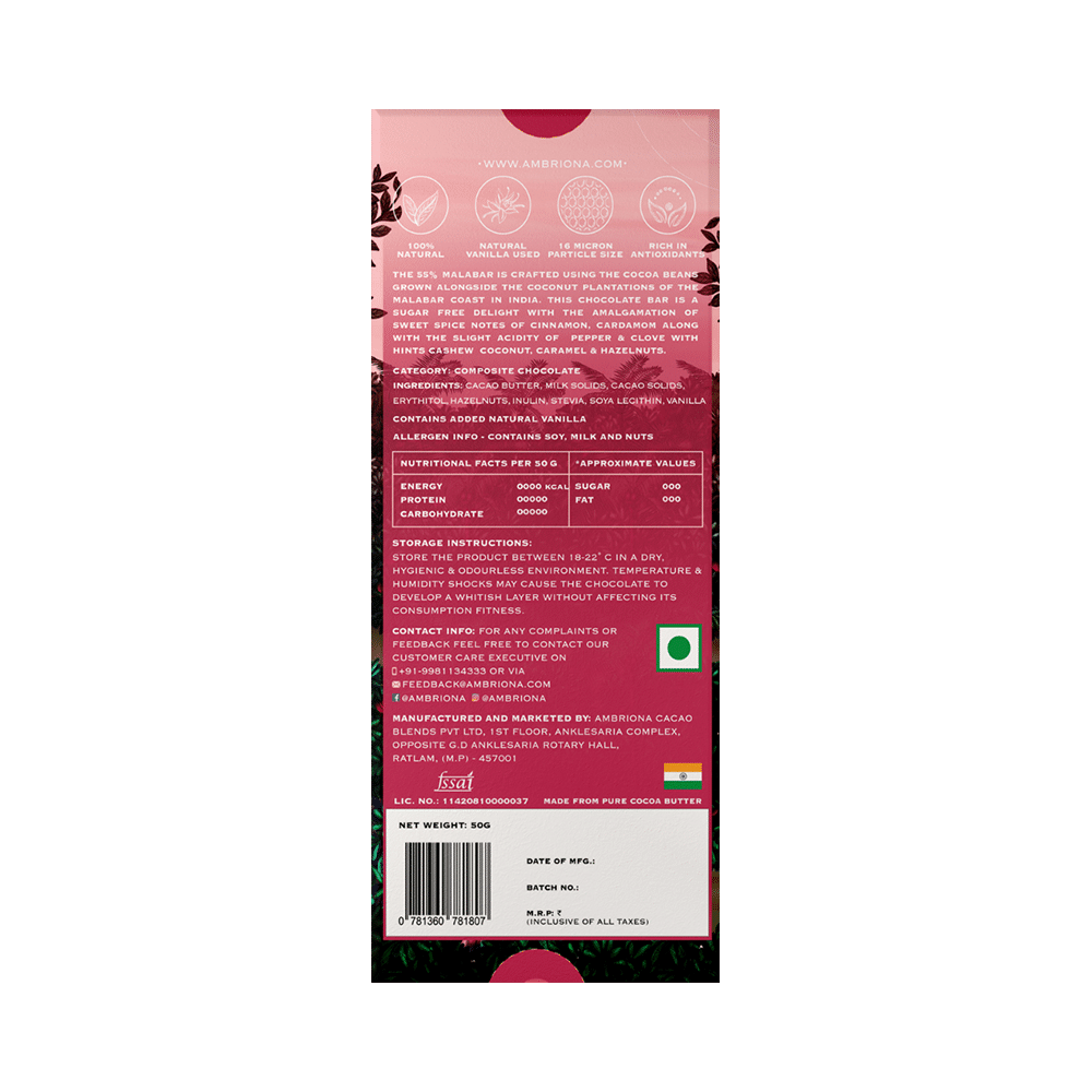 Ambriona Combo Pack of 80% Sri Lanka Single Origin Sugar Free Dark Chocolate & 55% Malabar Single Origin Sugar Free Dark Milk Chocolate with Hazelnuts (50gm Each) - Image 3