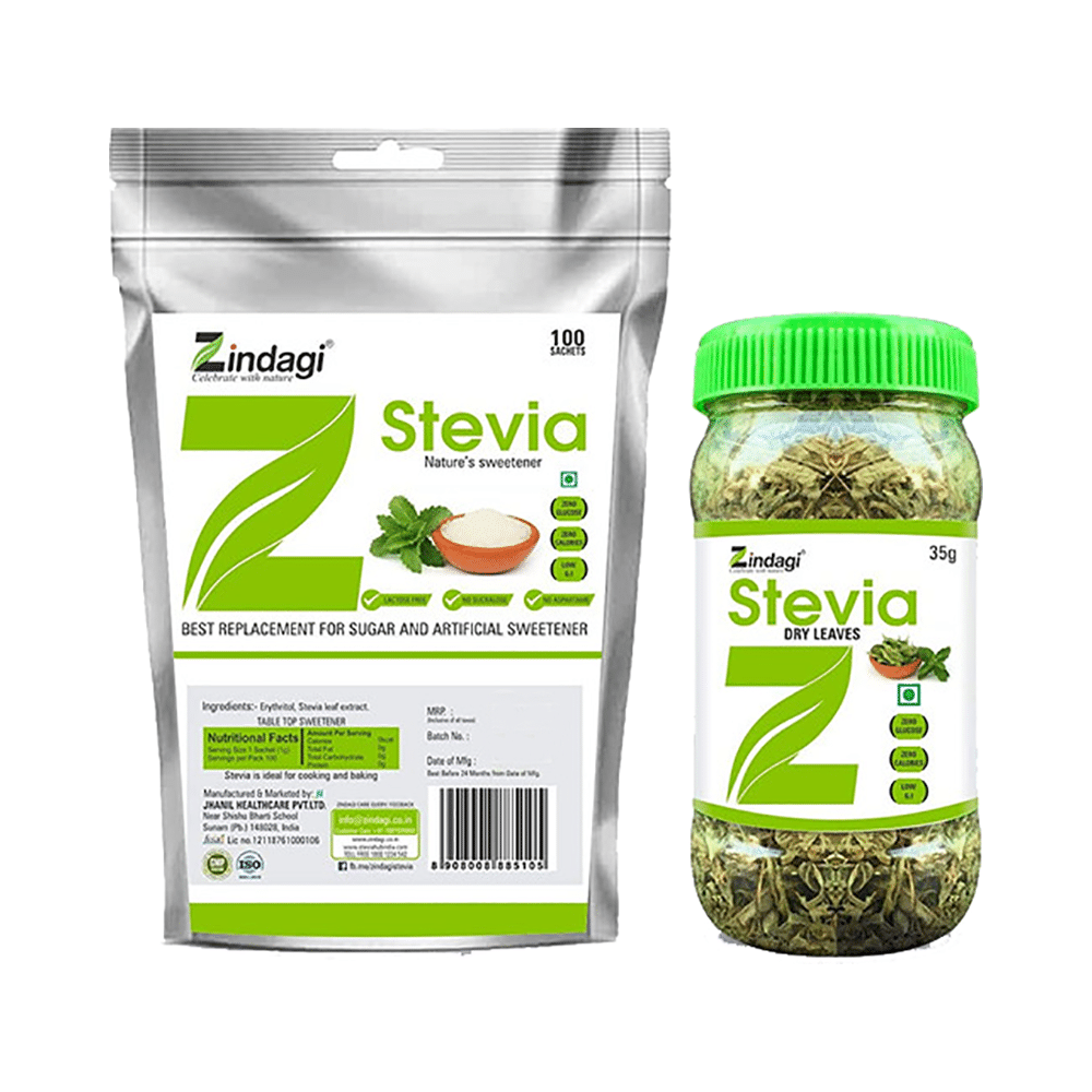 Zindagi Combo Pack of Stevia Leaves (35gm Each) & Stevia Sachets (100 Each) - Image 1
