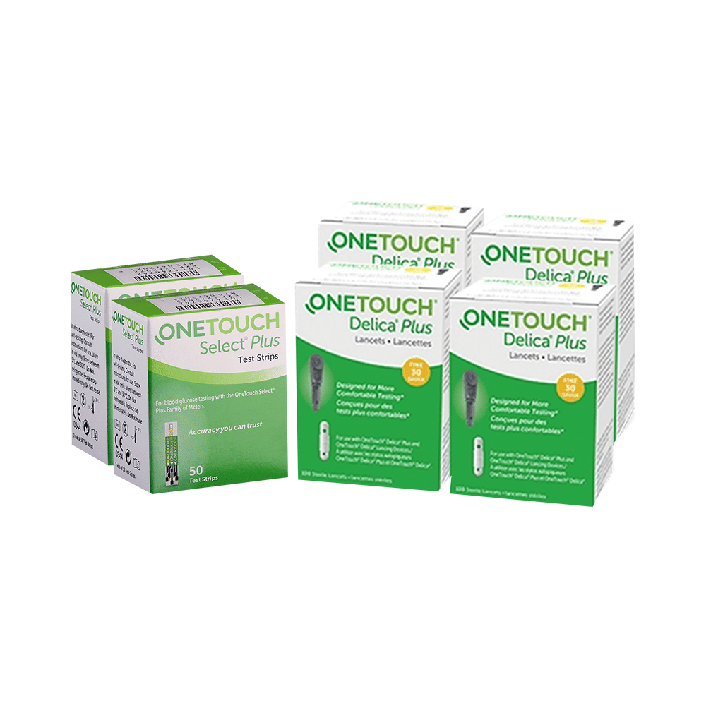 Combo of 2 Pack of OneTouch Select Plus Test Strip (50 Each) & 4 Pack of OneTouch Delica Plus Lancet (25 Each) - Image 1